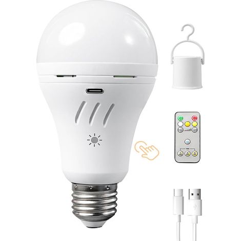 Wiederaufladbare LED-Glühbirnen E27 – 2200 mAh – 3 Helligkeitsstufen – Variable Farbtemperatur – Fernbedienung und Timer – Ideal für Camping und Stromausfälle (1/5)