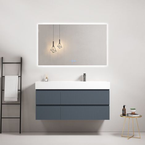 Mobile bagno sospeso cannettato 120 cm Blu Mare Lavabo a Destra in Resina Specchio Quadro Retroilluminato - Fiji Paint (1/4)