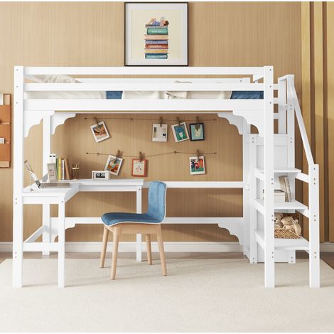 Bett Hochbett 140x200 mit Schreibtisch Stauraum OKMYHOME (1/5)