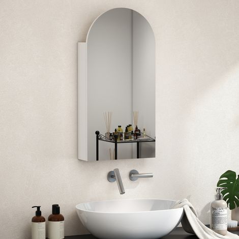 Badezimmer-Wandschrank mit Spiegel, rahmenloses, bogenförmiges Badezimmermöbel mit verstellbaren Glasböden, weiß (1/5)