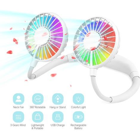 Ventilateur de cou suspendu, aromathérapie, 3 vitesses, LED 7 couleurs (rechargeable) (1/5)