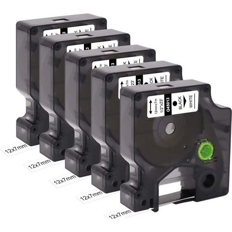 Lot de 5 bandes de rechange pour étiquettes compatibles Dymo D1 45013 S0720530 (12 mm x 7 m) - Ruban adhésif noir sur ruban blanc avec Dymo Label Manager 160 200 210D 280 360D 420P 450D (1/5)
