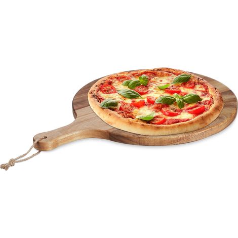 Relaxdays Pizzabrett, rundes Schneidebrett aus Akazienholz, Ø 35,5 cm, Pizzateller mit Griff, Käsebrett, natur