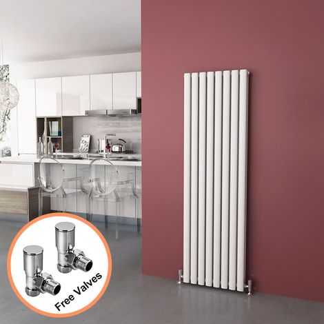 ELEGANT 1600 x 480mm Vertical Column Radiator White Oval Double Panel Designer Radiator Heater + Angled Radiator Valves (1/5)