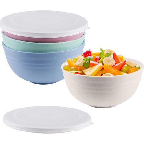 Ciotola con coperchio: Set di 4 ciotole per cereali, in plastica, grande ciotola per insalata, senza BPA, infrangibile, coperchio trasparente, 15,7 x 7,3 cm, adatta per cereali, insalata, zuppa, quatt (1/5)