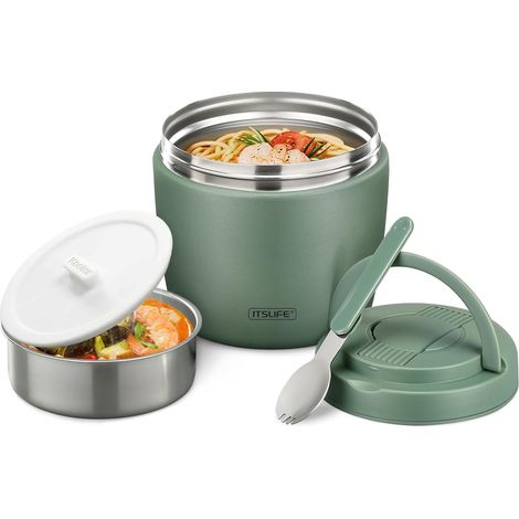Boîte Alimentaire Isotherme, 970ml Boite Isotherme Repas Chaud, Lunch Box Isotherme avec Cuillère, Thermos Alimentaire Chaud en Acier Inoxydable, Thermos Isotherme pour Ecole Bureau, Vert (1/5)