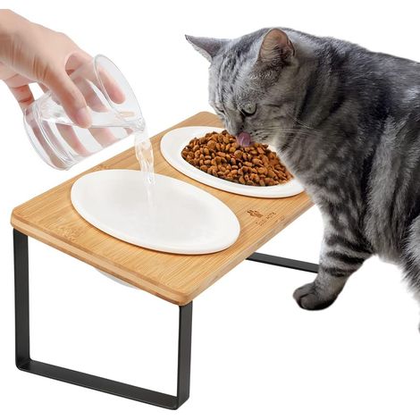 1 - Gamelle Chat Surélevée - Support de Bol Incliné - Ergonomique Anti Vomissement - Pour Chaton et Chat Intérieur - Couleur Bois - 2 Bols 14cm (1/5)