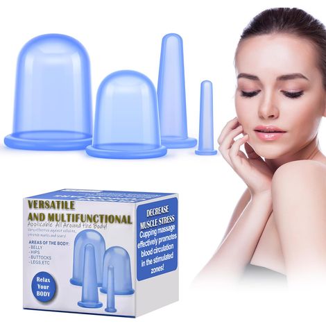 Kit de 4 ventouses en silicone bleu clair en sachet OPP + boîte anglaise neutre pour massage et anti-cellulite (1/5)