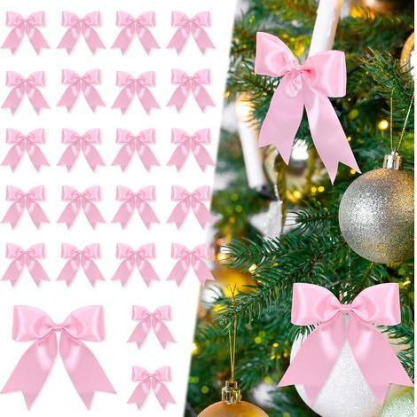24 rosa Satinschleifen für Weihnachtsbaumschmuck, Weihnachtskränze, Geschenkverpackungen, Kranzdekoration, Zäune, Kamine, Hochzeiten und Hauspartys (1/4)