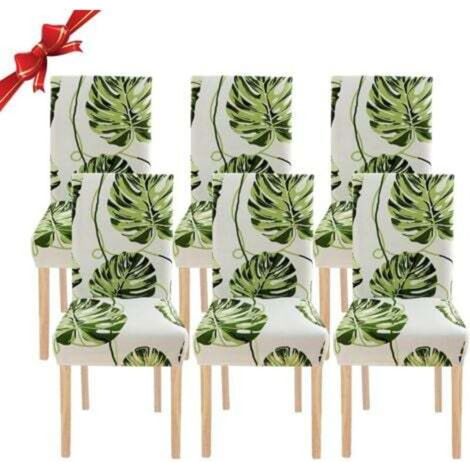 6-Piece Stretch Chair Cover Set (Green Leaves), Universal Washable, Easy-Clean Chair Covers for Dining Room, Hotel, Restaurant Decor