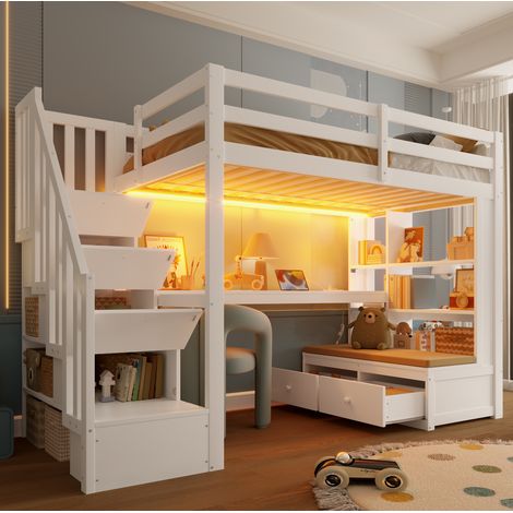 MODFU – Letto a soppalco per bambini 90x200 cm in pino con scrivania, mensole, 2 cassetti, LED e scala contenitore – Bianco (1/5)