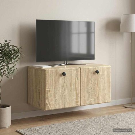 Meuble TV mural en bois d'ingénierie chêne sonoma avec portes pivotantes 90° 59,5 x 31 x 30 cm - PANGIVO (1/5)