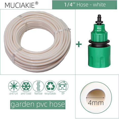 Tuyau d'arrosage blanc de 6,35 mm (1/4 po) et 20 m (65,6 pi) avec raccord rapide pour micro-irrigation goutte à goutte. Tuyau en PVC neuf de 6,35 mm (1/4 po).