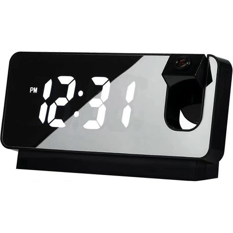 Réveil numérique à projection pour chambre à coucher, avec port de chargement USB, format 12/24 h, heure d'été, fonction snooze, et un puissant éclairage LED intégré au miroir (noir). (1/5)