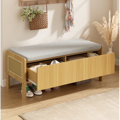 Banco de almacenaje con 2 cajones, 113x40x45,5 cm, con asiento tapizado, en bambú y MDF, natural y gris (1/5)