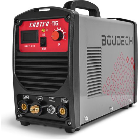 CASTER-TIG Saldatrice ad arco con tecnologia ad inverter 200 Amp. Doppia funzione TIG/MMA con innesco ad alta frequenza e sistema di protezione VDR. Fornita con torcia per TIG, porta elettrodo, morset