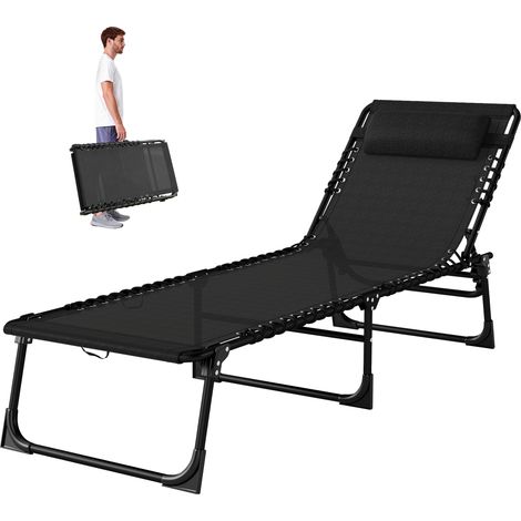 Bain de Soleil transat pliable inclinable multi-positions acier lacets élastiques noir 189x58x30cm