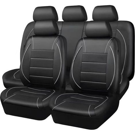 Housses de Siège Auto en Cuir PU, Lot de 9 Ensemble Universel Complet, Protection Intérieur Voiture SUV Camion，Blanc (1/5)