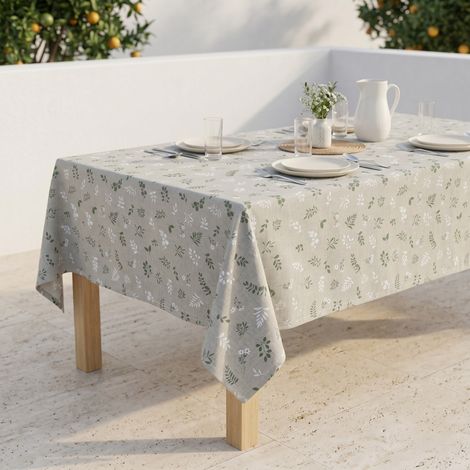 Nappe Dory Herbarium Tex Family, coton épais 80/20, imprimé botanique vert sauge sur fond greige, 5 tailles Cm.140x300 x18 personnes