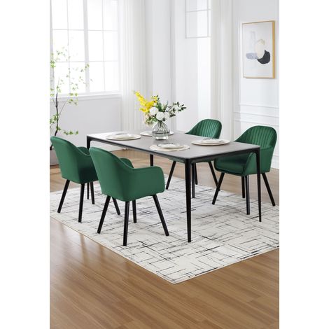 WOLTU Esszimmerstühle 4er Set, Küchenstuhl mit Armlehne Rückenlehne, Polsterstuhl Wohnzimmerstuhl, bis 150 kg belastbar, aus Samt Holzbeine, für Esszimmer Küche Wohnzimmer, Dunkelgrün (1/5)