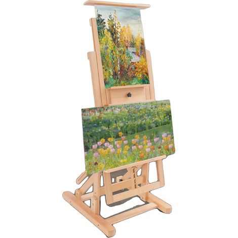 Caballete de artista, de madera, altura regulable 1,5 m, base de 70 cm de ancho, para lienzos de hasta 100 cm, ideal para esbozar y pintar. (1/5)