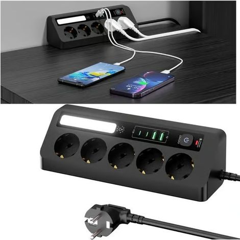 Multiprise universelle avec protection contre les surtensions LED, 5 prises, 2 ports USB-C, 2 ports USB-A, câble de 1,8 m, interrupteur marche/arrêt, 2500 W, noire (1/5)