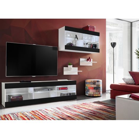 Komodee, Ensemble de Meubles Tivoli SET3,Blanc/Noir, Largeur 240cm x Hauteur 159 cm x Profondeur 35 cm, sans LED, pour Salon, Chambre à coucher (1/5)