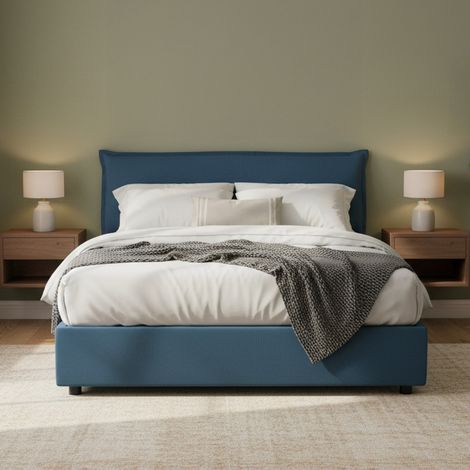Dmora - Cama matrimonial Dbidaou, Cama contenedor con funda extraíble con cabecero tapizado y estructura de cama, 100% Made in Italy, con colchón de Cm 160x200 incluido, Azul (1/5)