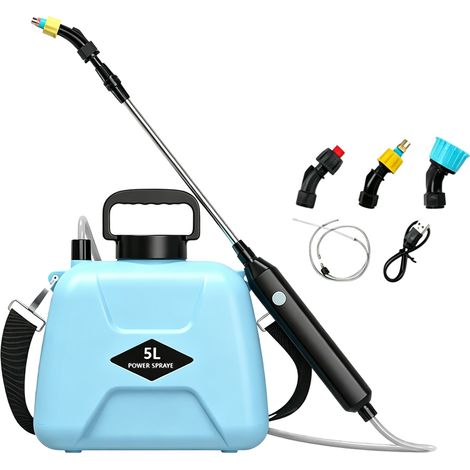 Pulvérisateur électrique 5 L bleu – Pulvérisateur à batterie rechargeable avec 3 buses et lance télescopique en acier inoxydable – 4 Modes de pulvérisation – Pour arrosage, fertilisation et nettoyage (1/5)