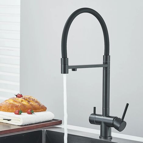 (Noir mat) Robinet de cuisine avec filtre, pivotant à 360°, pour eau pure, mitigeur à douchette extractible et double poignée. (1/5)