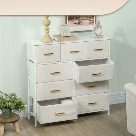 Commode avec 9 tiroirs en tissu, meuble à tiroirs avec plan de travail, poignée, meuble de rangement pour salon, chambre, 100x30x99cm, Blanc crème (1/5)