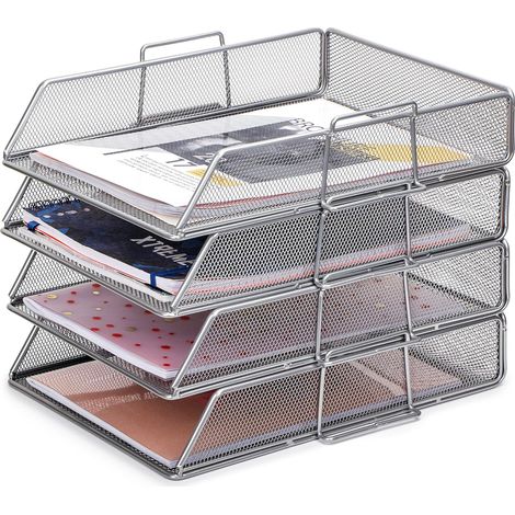 Lot de 4 corbeilles courrier superposables maille métal – support fichiers multifonction bureau/école/étude
