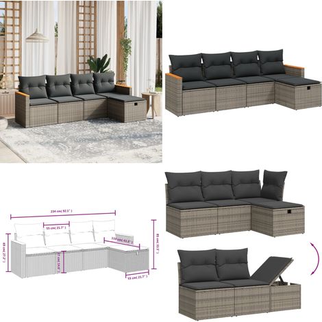 Salon de jardin 5 pcs avec coussins gris résine tressée - Ensemble Salon De Jardin - Salon De Jardin Extérieur - Mobilier De Jardin - Canapé Jardin - Chaise Lounge - Home & Living (1/5)