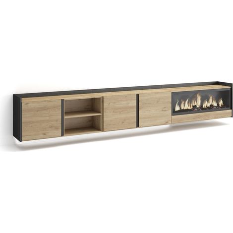 Skraut Home - Meuble TV, Banc Télé, Grand espace de Rangement, 315x35x50cm, Pour les TV jusqu'à 80", Cheminée électrique XXL, Suspendu, Mural, LED, Style moderne, Chêne et noir (1/5)