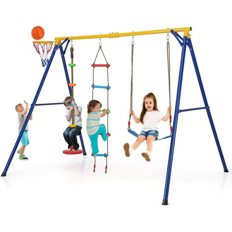 COSTWAY Columpio Jardín Exterior, Juego 4 en 1 de Columpio Infantil, Estructura De Metal, Aro de Baloncesto, Columpio, Escalera, 1 Disco con Cuerda, 246 x 190 x 188 cm, Carga 300kg (1/5)
