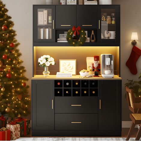 Credenza 120x36.3x180 cm nera in MDF e metallo con LED, prese integrate, 6 ante e portabottiglie (1/5)