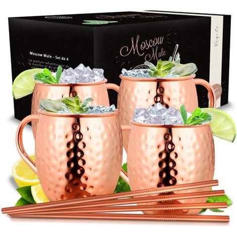 Lot de 4 verres Moscow Mule cuivre 500 ml – Fait main – Pour cocktail, vodka – Élégants (1/4)