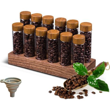 12pcs Single Dose Coffee Bean Storage Tubes Borosilicate Glass Coffee Bean Cellar Container with Lids Wooden Display Stand and Funnel for Countertop (1/5)