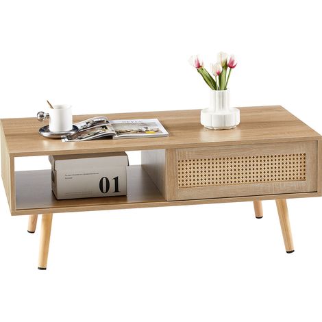 Table basse en résine tressée avec portes coulissantes, pieds en bois, style moderne et rangement pratique pour salon, bureau ou chambre, 105 x 55 x 40 cm  CHICFURN (1/5)