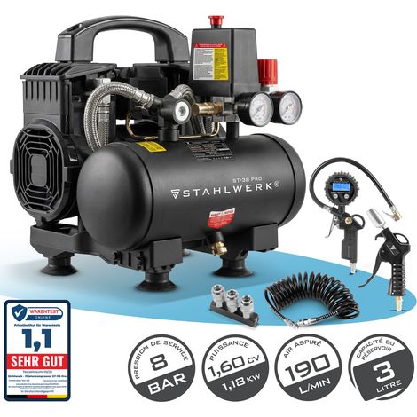 STAHLWERK Compresseur avec réservoir de 3 L (ST-38 Pro) équipement complet - sans huile & silencieux, compresseur d'air comprimé 8 bar avec moteurs Brushless, 1,6 CV, 1,18 kW, 190 l/min, compresseu
