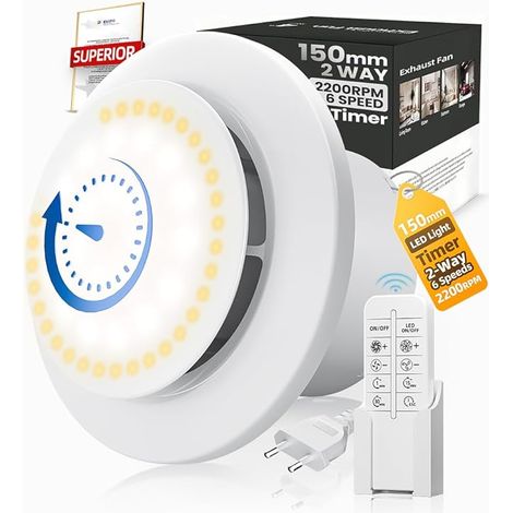 Fan Extractor 150mm Timer, 2200rpm 350m³/h, VMC 2 Way 6 Speeds with LED Lighting+Remote Control, Powerful Air Flow 8W DC Motor Easy Install Bathroom Wash Garage 208E (1/5)