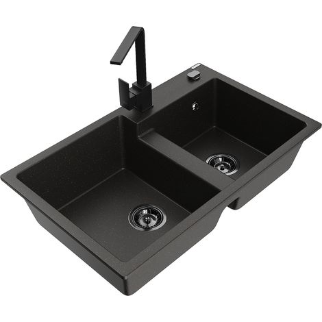Mexen Tomas lavello in granito a 2 vasche con rubinetto da cucina Rita, nero/oro metallizzato - 6516-75-670300-70-B (1/5)