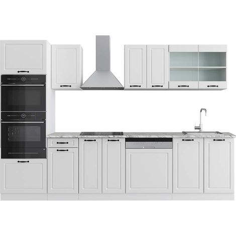 Mueble de cocina R-Line, Casa de campo blanca/blanca, 300 cm con armario alto, ET Mármol, Vicco
