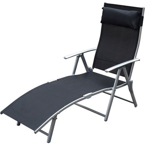 Transat pliant avec coussin, chaise longue avec dossier réglable 7 positions, supportant jusqu à 165 kg, idéal pour le jardin, les vacances et les activités de plein air, noir (1/5)