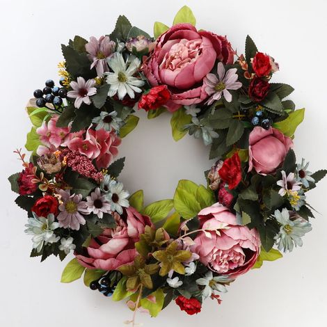 Guirlande Artificielle - Couronne De Pivoine En Soie Sur Anneau En Rotin Naturel - Décoration Murale Porte Intérieure Extérieure - 40 Cm - 1 Pièce (1/4)