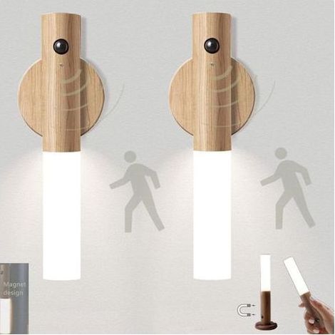 Lot de 2 LED lumière d'escalier capteur de mouvement à piles intérieur bois veilleuse USB rechargeable portable sans fil magnétique placard lumière murale (1/5)