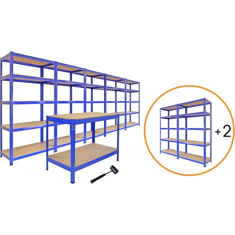 Scaffale da Garage ad Incastro T-Rax Scaffali per Garage Scaffalature Officina in Acciaio e MDF Senza Bulloni Mensole per Garage - Blu - 5 x 75cm - 2 x 90cm - 1 x Banco da Lavoro Q-Rax e Martello