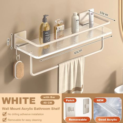 Étagère de salle de bain de luxe sans perçage (40 cm, blanche avec barre) - Support mural pour shampoing et cosmétiques - Organisateur carré en acrylique (1/5)