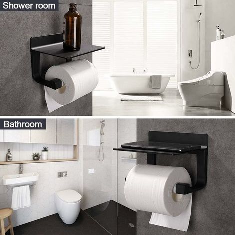 Derouleur Papier Toilette Porte Papier Toilette Mural Support Papier Toilettes Auto-adhésif, Aluminium Noir--TRIMEC