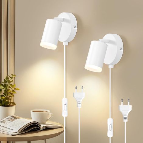 2 Packs Applique Murale GU10 7W Rotation 350° Interrupteur Intérieur Blanc Givré (1/5)